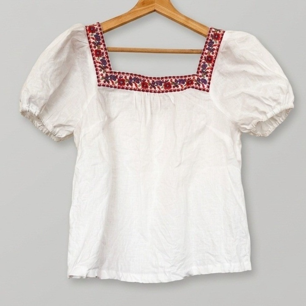 Boden White 100% Linen Embroidered Square Neck Puff Sleeve Blouse Top 6
